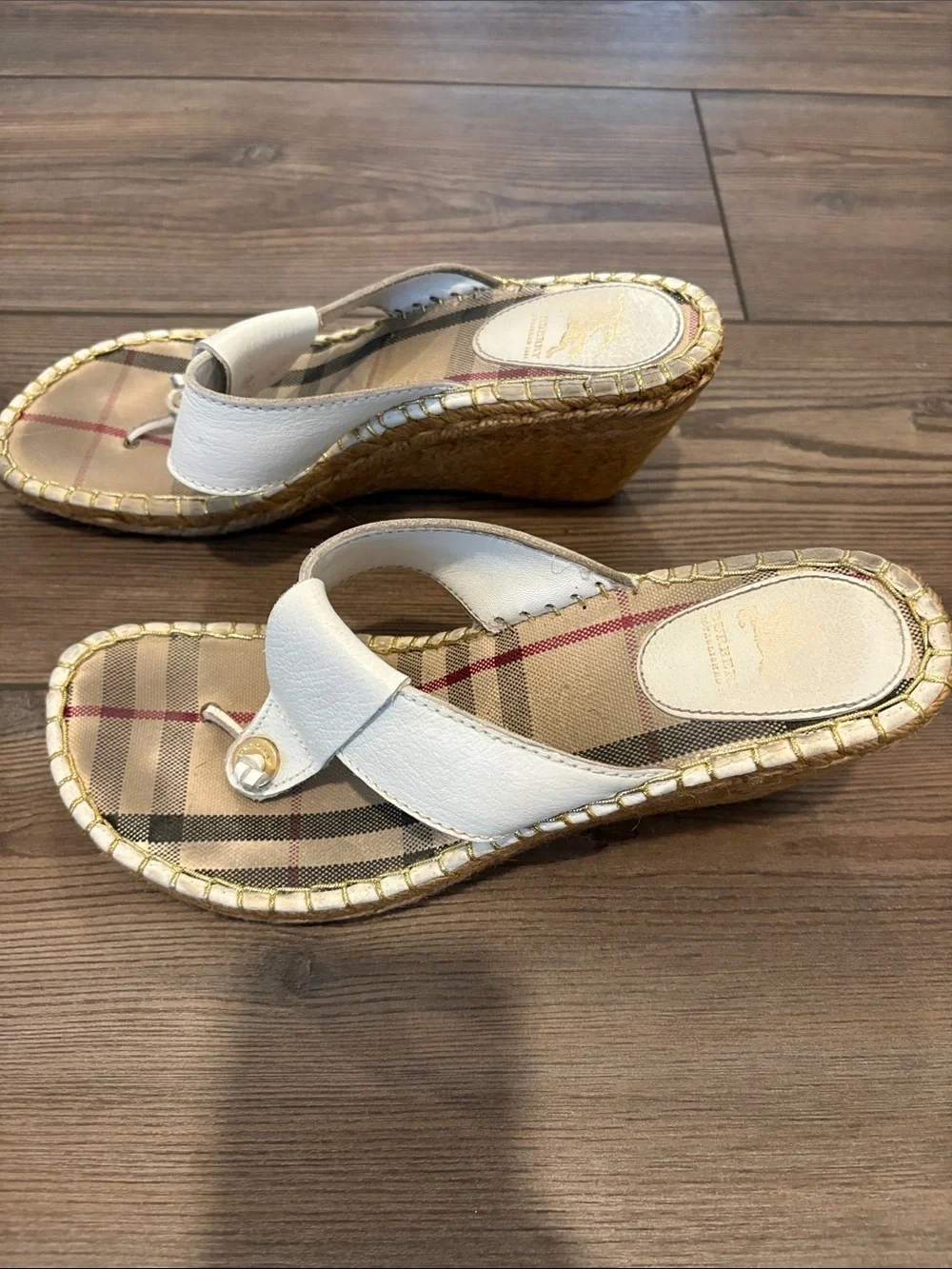 Burberry White Leather Plaid-Insole Espadrille Wedge Sandal